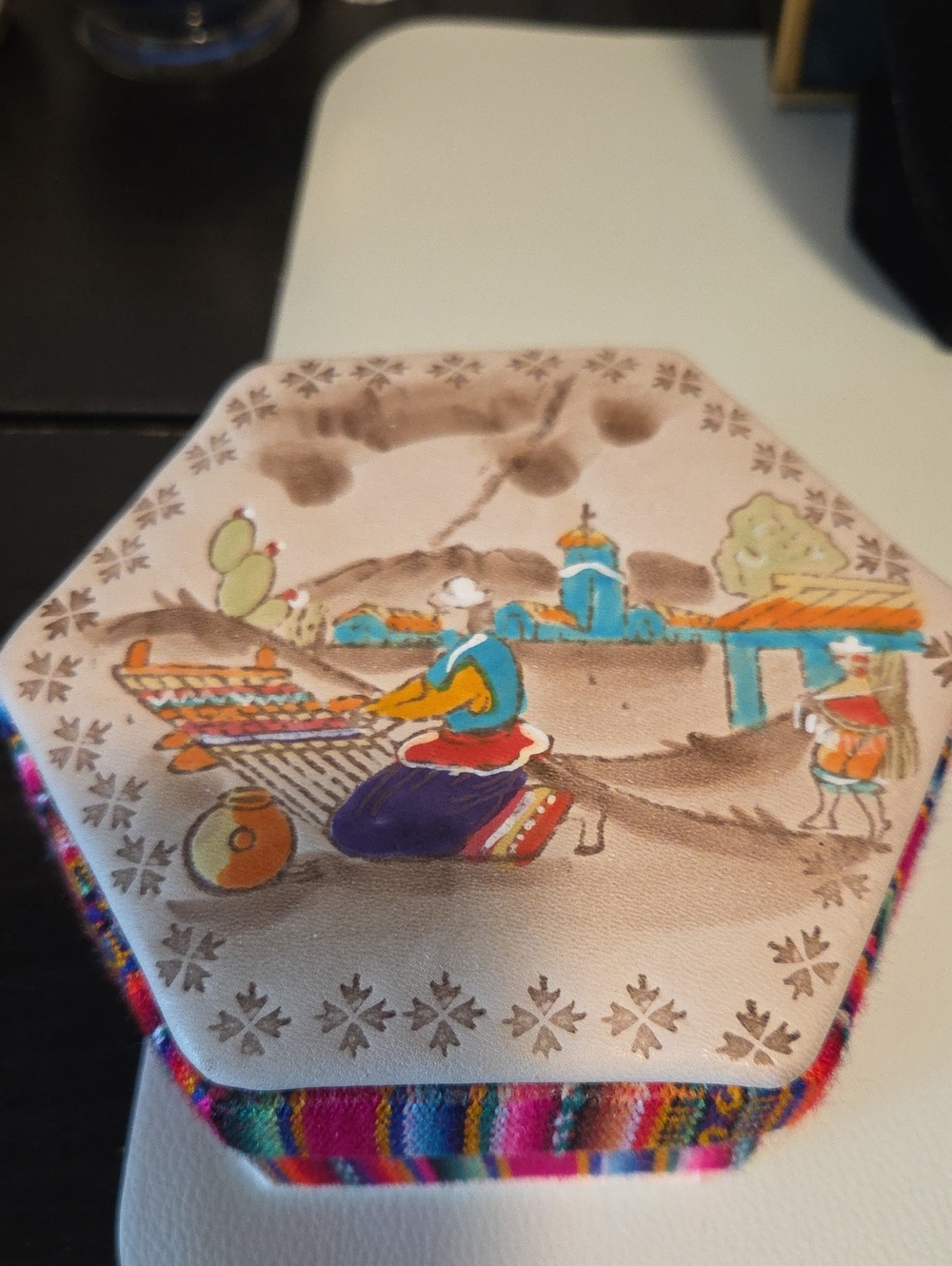 Hand-Painted And Decorated Hexagonal Multicolour Art Box Filled With Jewelry